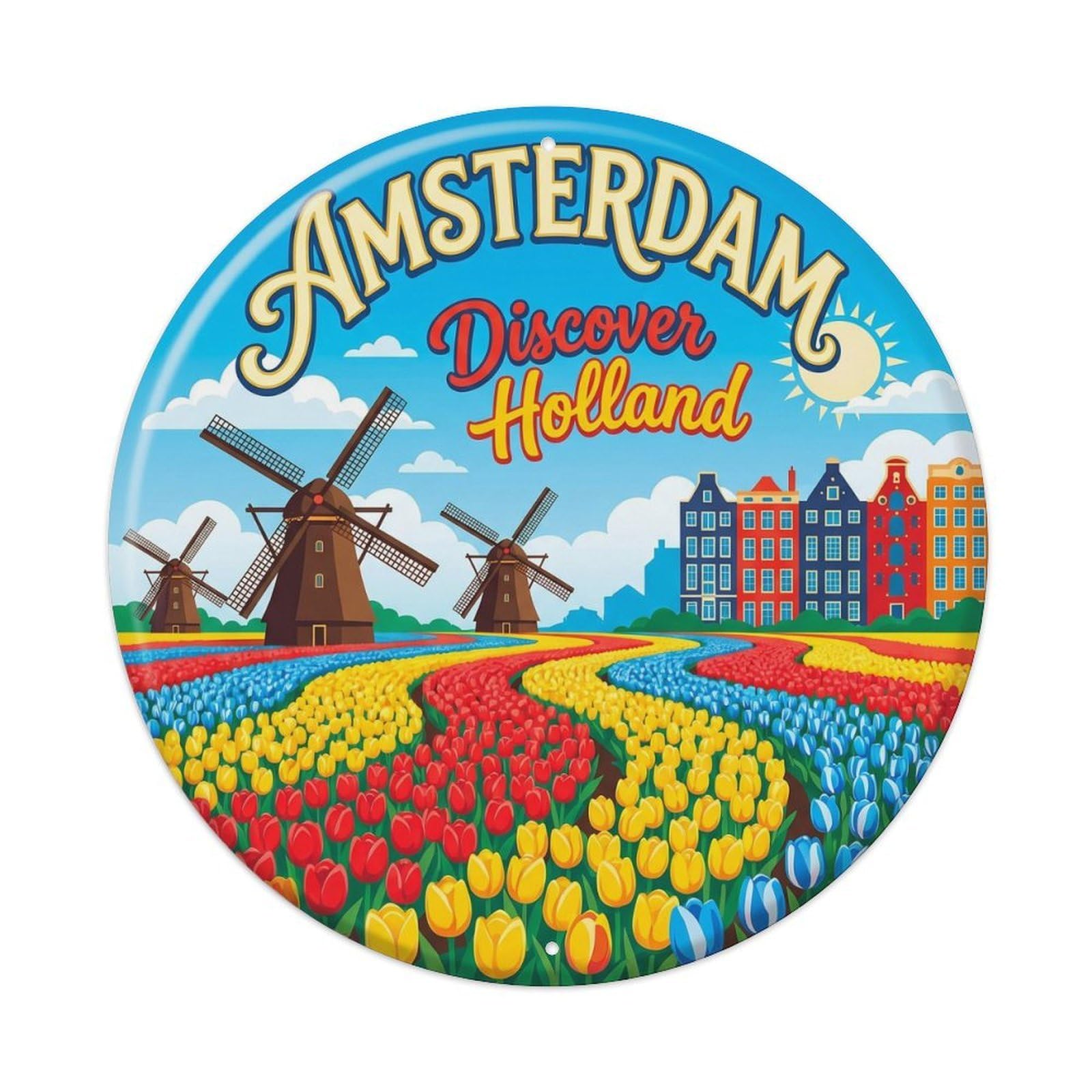 Vintage Travel Dutch Capital Windmill Metal Tin Sign Plaque Wall Decor for Cafe, Club Bar, Office, Home Garden Round Metal Poster 8x8Inch