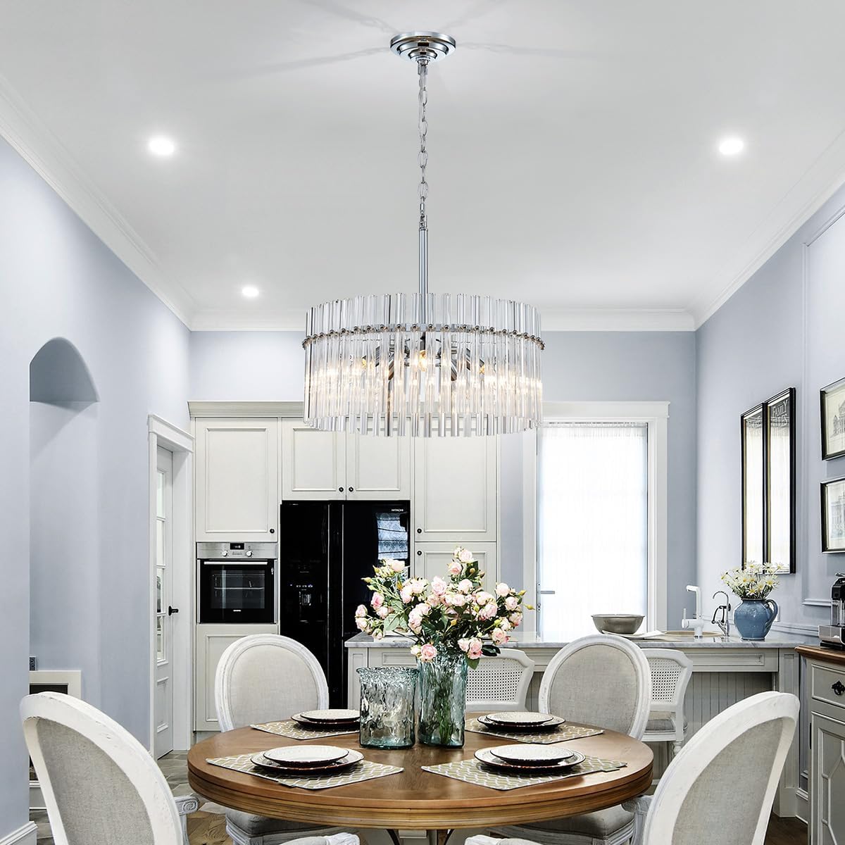 Shrine Lighting Drum Chandeliers, Modern Design, Chrome Pendant Light Fixture for Living Space, D18'' x H17'', Adjustable Chains 59", E12*5 Sockets, Clear Glass Lampshade & Chrome Finish Frame