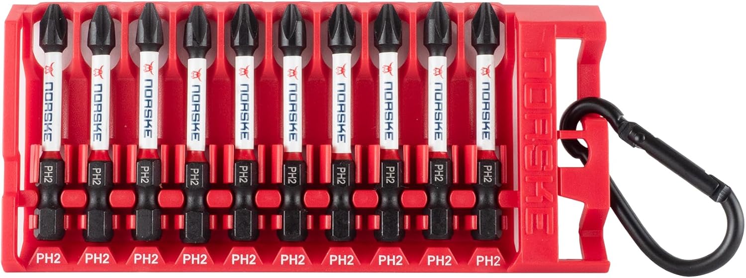 Norske Tools NIBPI613 2" Assorted Impact Torsion Screwdriver Bits (PH1, PH2-2pc, PH3, PR2-PH Drywall, T10, T15, T20, T25 and T30) 10pc Pack Bit Clip