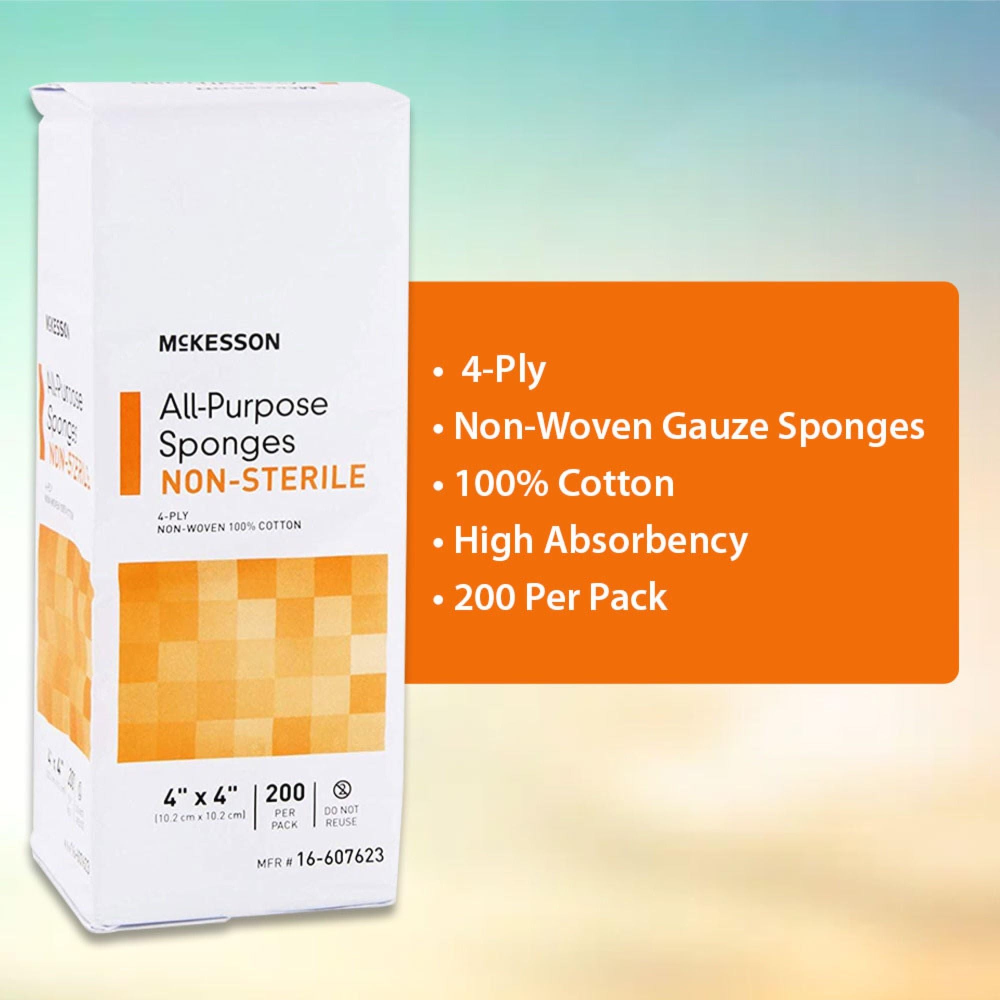 McKesson Esponjas multiusos, no estériles, 4 capas, 100% algodón, 4 x 4 pulgadas, 200 por paquete, 20 paquetes, 4000 en total