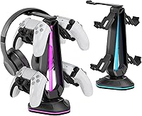Vista 7 de Saitake Soporte para controlador RGB con 9 modos de luz, soporte de controlador con 2 puertos USB, soporte para auriculares de escritorio adecuado
