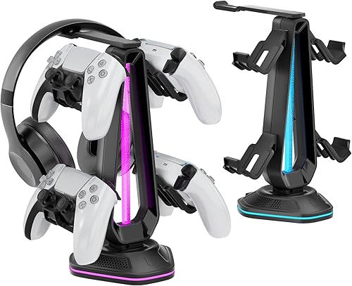 Miniatura 7 de Saitake Soporte para controlador RGB con 9 modos de luz, soporte de controlador con 2 puertos USB, soporte para auriculares de escritorio adecuado
