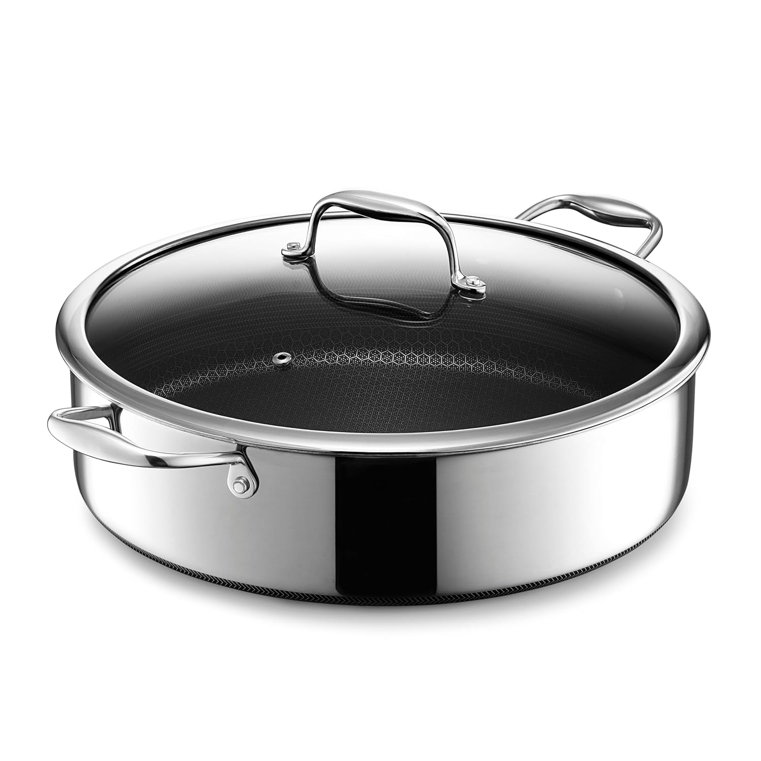 HexClad Hybrid Nonstick 7-Quart Saut Pan with Tempered Glass Lid Chicken Fryer Stay-Cool Handles Dishwasher-Friendly Oven-Safe Up to