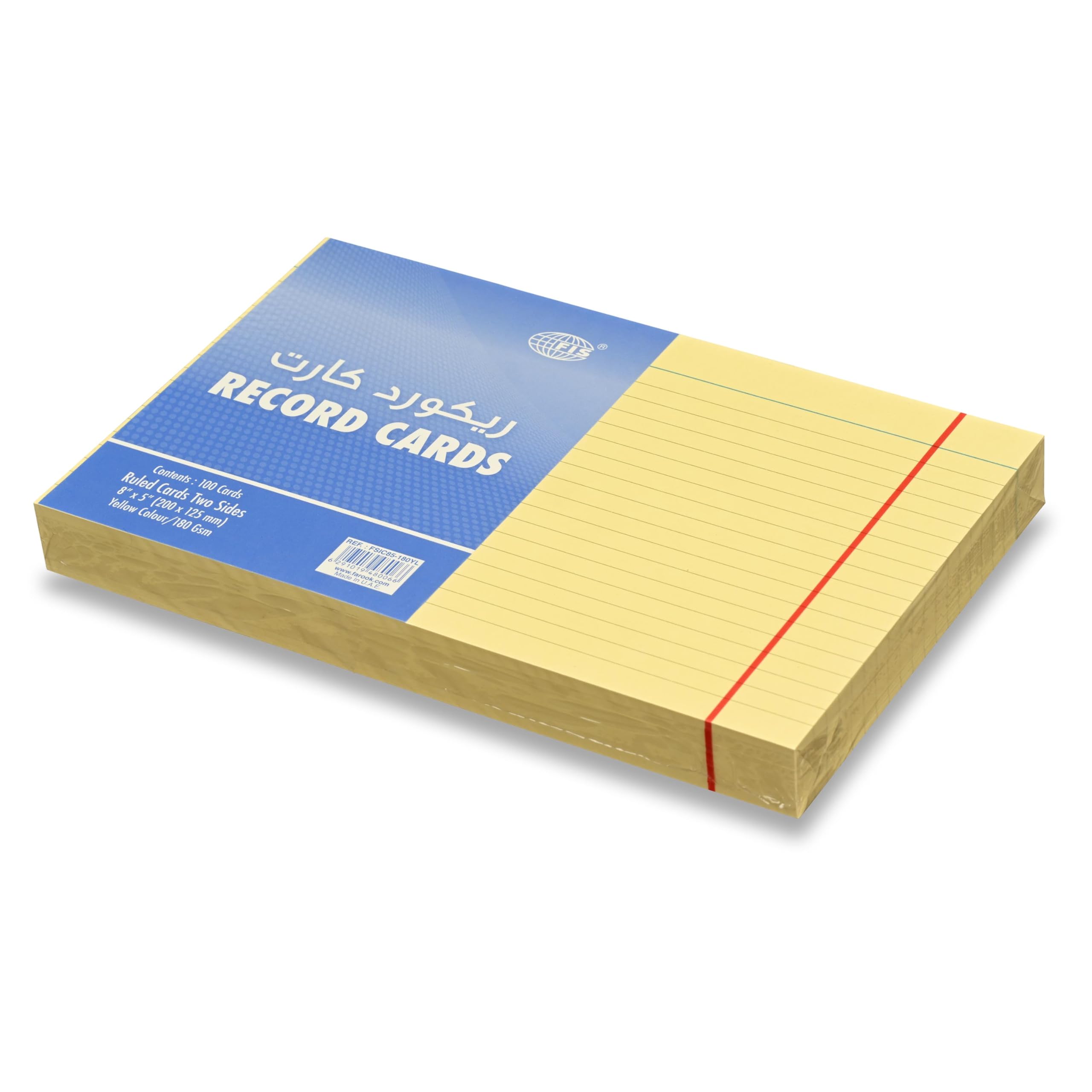 FIS® Ruled Record Cards or Index Cards, Size:8"x5" Inches (203x127mm), Two Sides Single Ruled, 180gsm, 100 Sheets Per Packet, 1 Packet, Yellow Color-FSIC85-180YL