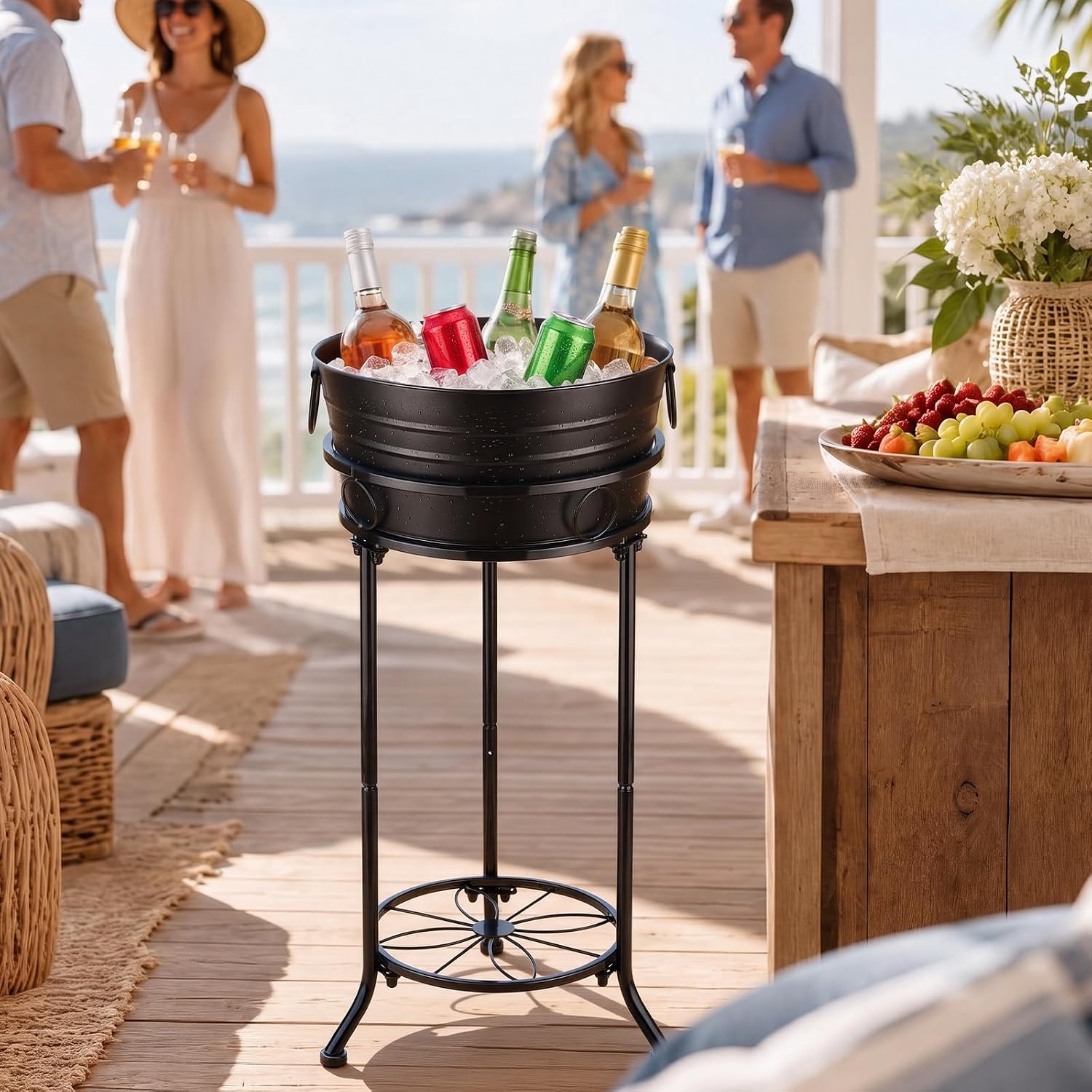 Fumete Black Beverage Tub with Stand Champagne Ice Bucket Stand, 1 Set