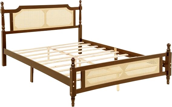 Harper & Bright Designs Queen Size Rattan Bed Frame, Mid-Century Modern Platform Bed with Rattan Headboard & Footboard, Solid Wood Slats Support, Noise-Free, No Box Spring Needed, Walnut