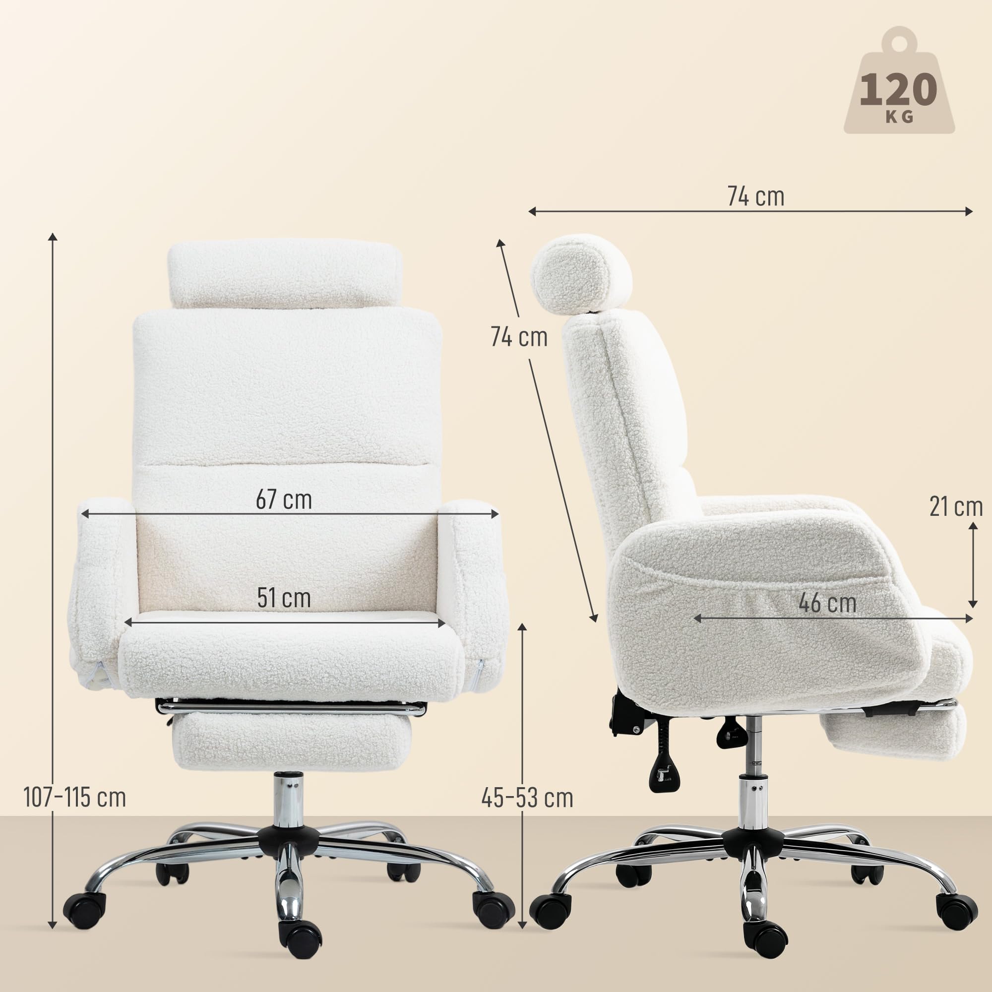 HOMCOM Silla de Escritorio con Reposapiés Silla de Oficina Borreguito Crema | Respaldo Reclinable, Reposacabezas Ajustable, Respaldo Alto, Altura Ajustable