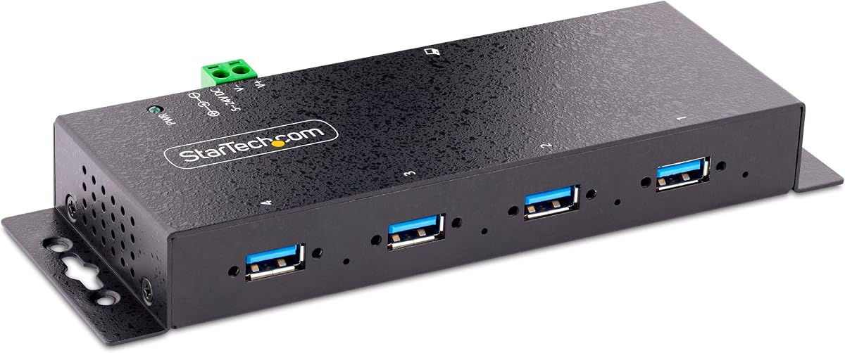 Hub USB 3.0 industrial de 4 puertos StarTech de 5 Gbps, TAA (5G4AINDNP-USB-A-HUB) | 4x puertos USB-A, protección ESD, montaje DIN en pared y escritorio, puertos de bloqueo, bloque de terminales 5-24 VCC