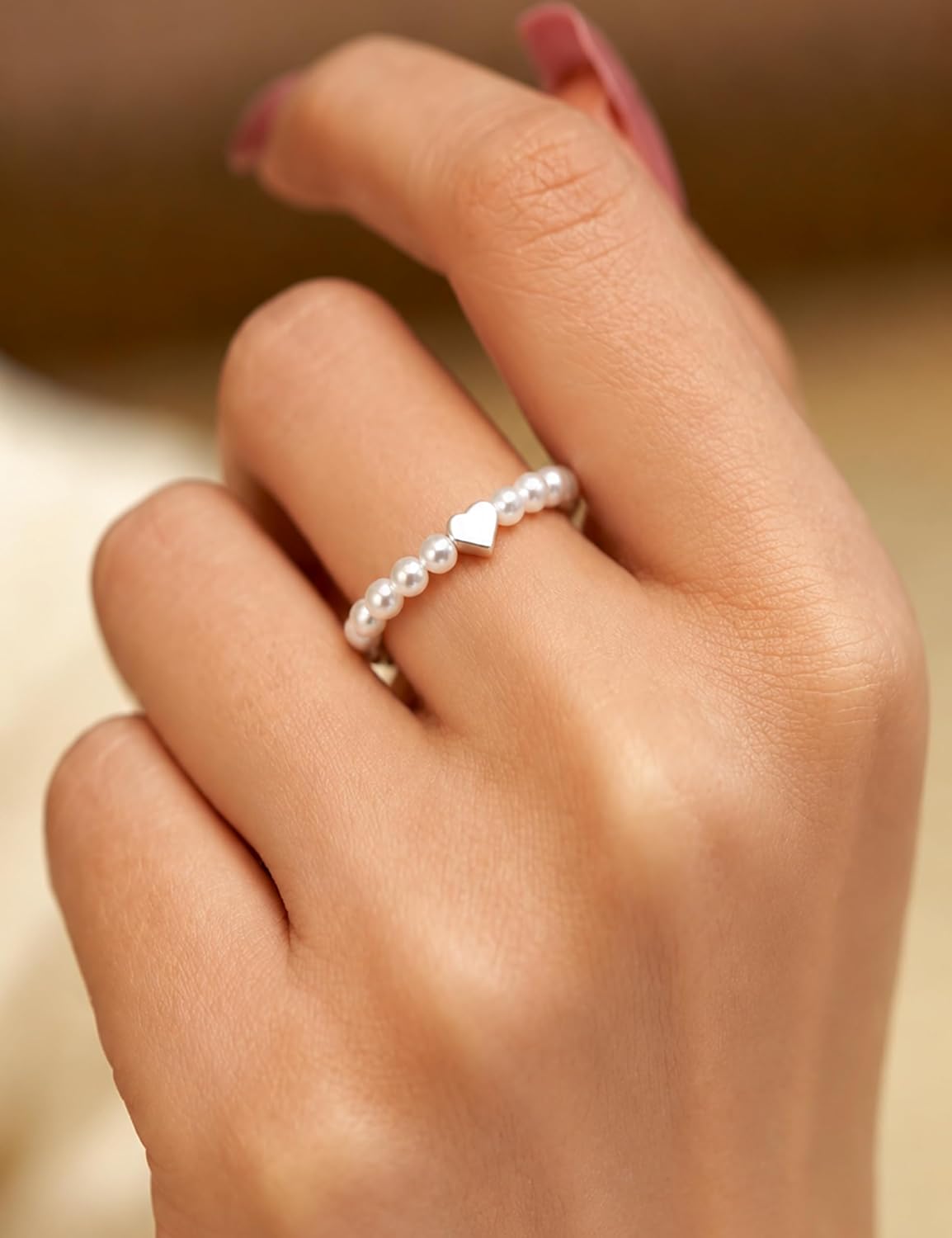 Pearl Stretchy Ring for Women,Non Tarnish 925 Sterling Silver Heart Adjustable Stackable Artificial Irregular Pearls Beaded Ring to Daughter Mother Boho Cultured Style Pearl Jewelry Birthday Wedding Gifts
