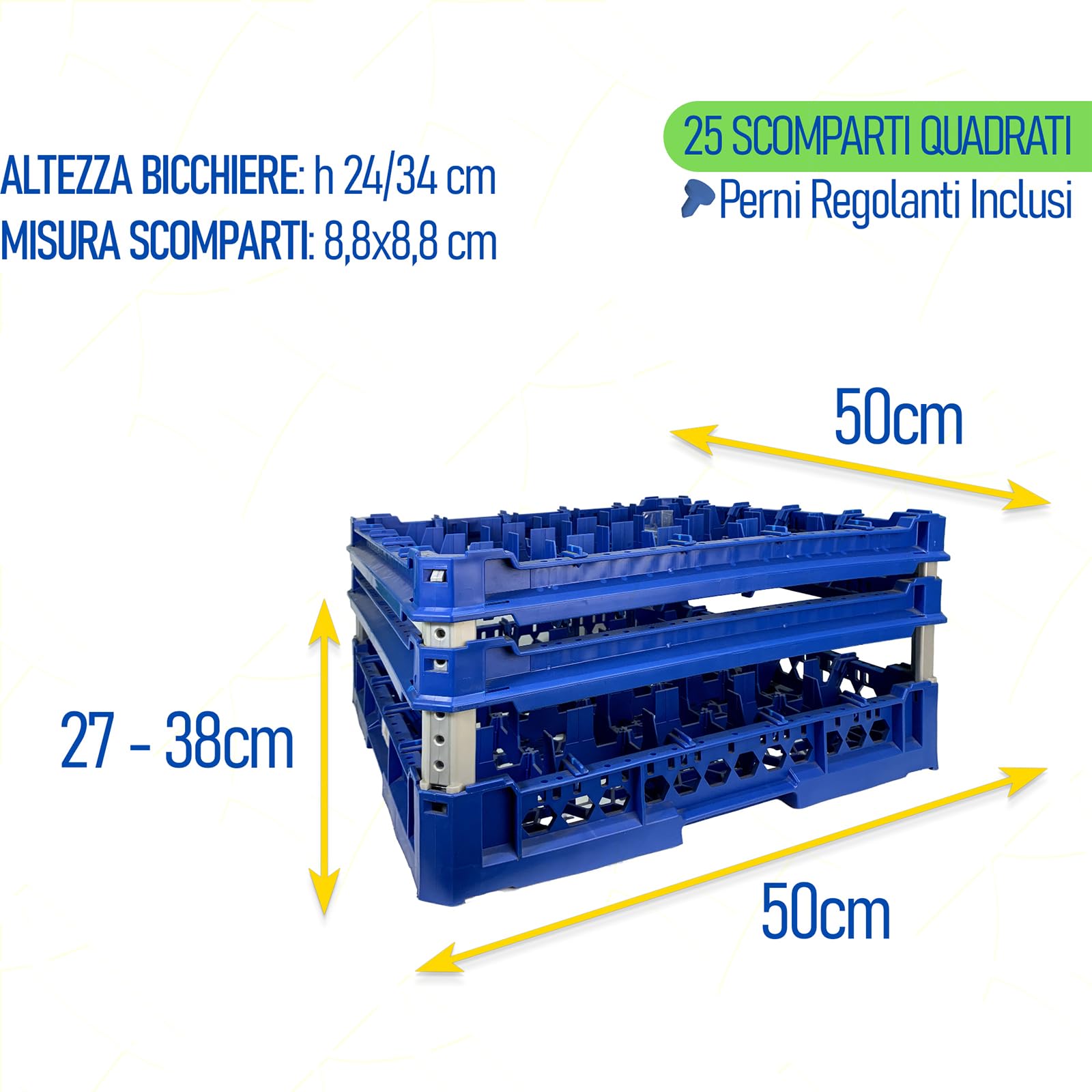 Sicignano | Cesta para lavar vasos, plástico alimentario, apilables, resistentes hasta +95 °C, ideales para lavado, secado y almacenamiento – Medidas 500 x 500 mm (5 x 5, kit de 4)
