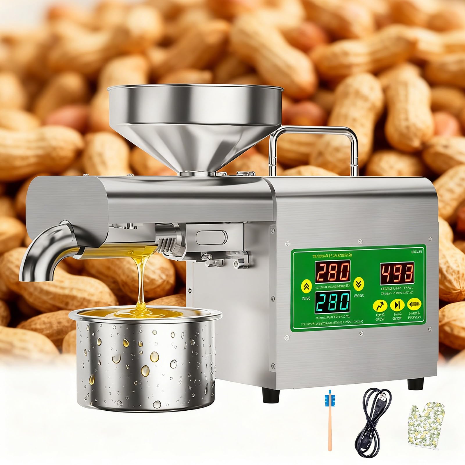 Prasa do oleju organicznego 1800 W, automatyczna prasa do oleju, tłoczenie na zimno i na gorąco, inteligentne sterowanie, regulowana temperatura 104-572°F, 3-6 kg/h do kokosa, awokado i czarnuszki