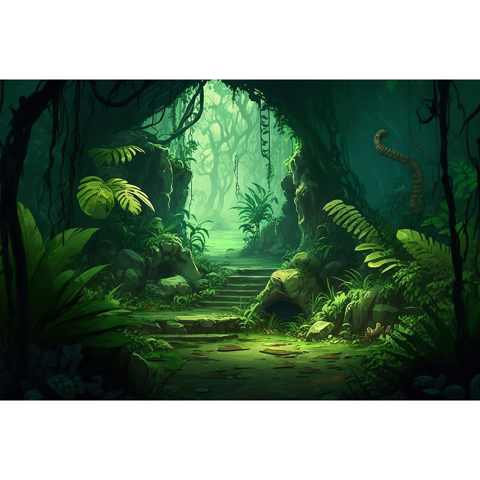 Cartoon Jungle Cave Aquarium Background Green Prehistoric Tropical Leaves Fish Tank Background Small Path Misty Rainforest Reptile Tank Backgrounds Foggy Cave Reptile Enclosure Backgrounds 48x20in
