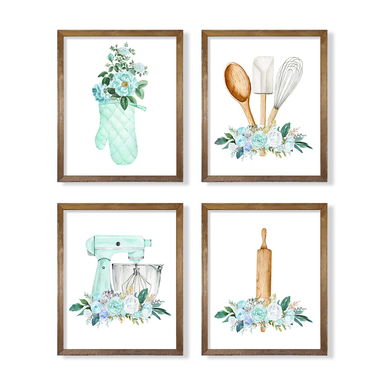 Gift for Cooks and Chefs - Retro Modern Turquise Cyan Flower Kitchen Signs - Kitchen Dining Wall Art Decor - Green Teal Kitchen Poster Prints - Spoon Mixer Glove Picture for Holiday Restaurant Decor