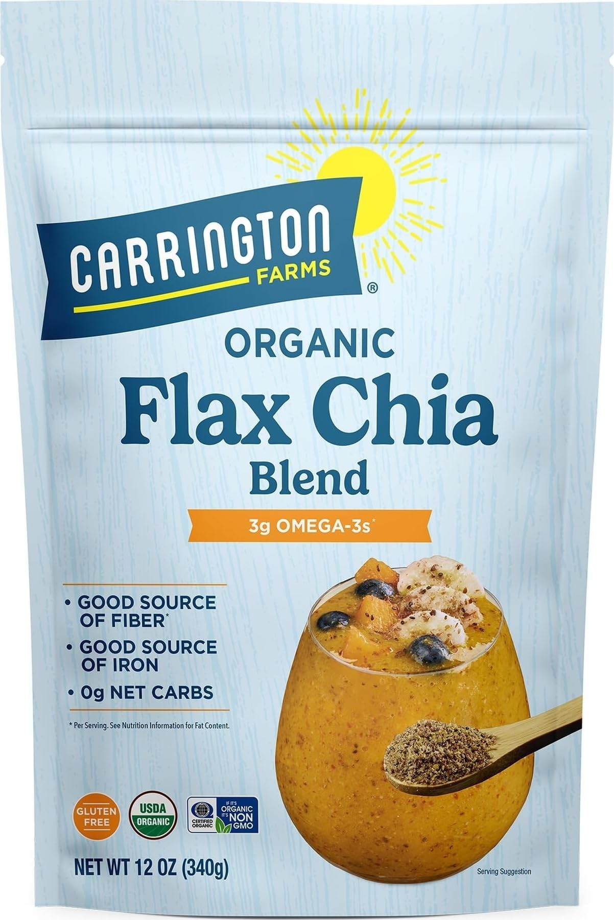 Carrington Farms Organic Flax Chia Blend 12 oz - Milled Flaxseed & Chia Seeds for Smoothies, Oatmeal, Yogurt & Baking | Omega-3, Fiber & Plant Protein | Vegan, Non-GMO, Gluten-Free