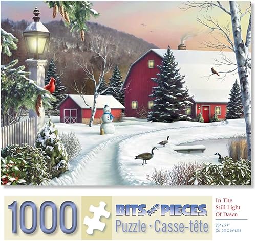 Miniatura 2 de Bits and Pieces Rompecabezas de 1000 piezas para adultos - en la luz quieta del amanecer - Granero nevado con pájaros, rompecabezas de paisaje de