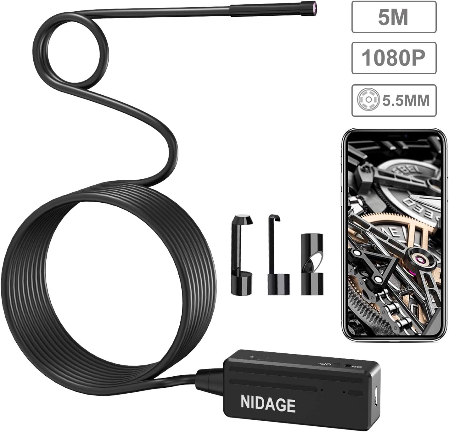 Wireless Inspection Camera Waterproof 2.0 MP HD 5.5 mm Endoscope with 5 m Semi-Rigid Cable and 6 LEDs Borescope Snake Camera for Android & iOS iPhone Smartphone