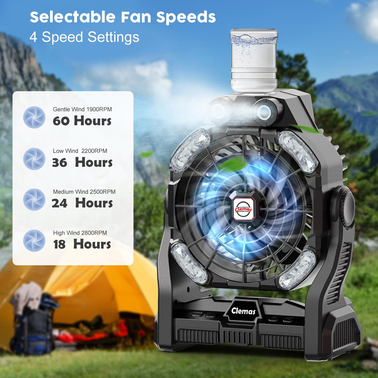Clemas Grand Ventilateur de Camping avec Brumisateur Rechargeable Portable 14000mAh/26000mAh RGB LED Minuteur Alimentation Extérieur Urgences