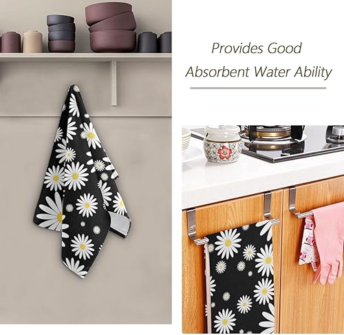Miniatura 7 de Juego de 2 toallas de mano de flores de margaritas para baño, lindo fondo negro, estampado floral, suave, pequeño, juego de toallas de baño