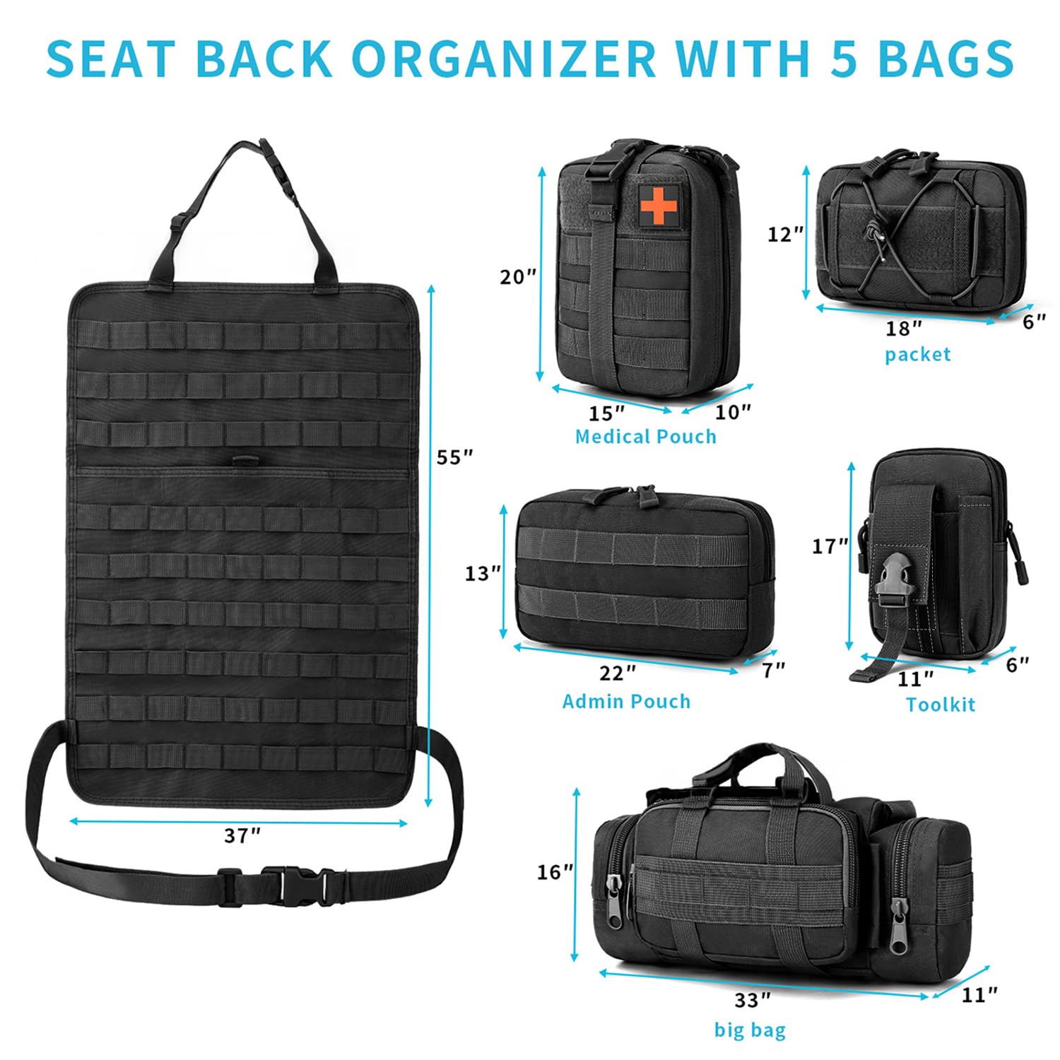 Organizador táctico para respaldo de asiento de coche, organizador universal de panel Molle, bolsa de almacenamiento con 5 bolsas Molle desmontables diferentes para todos los coches,