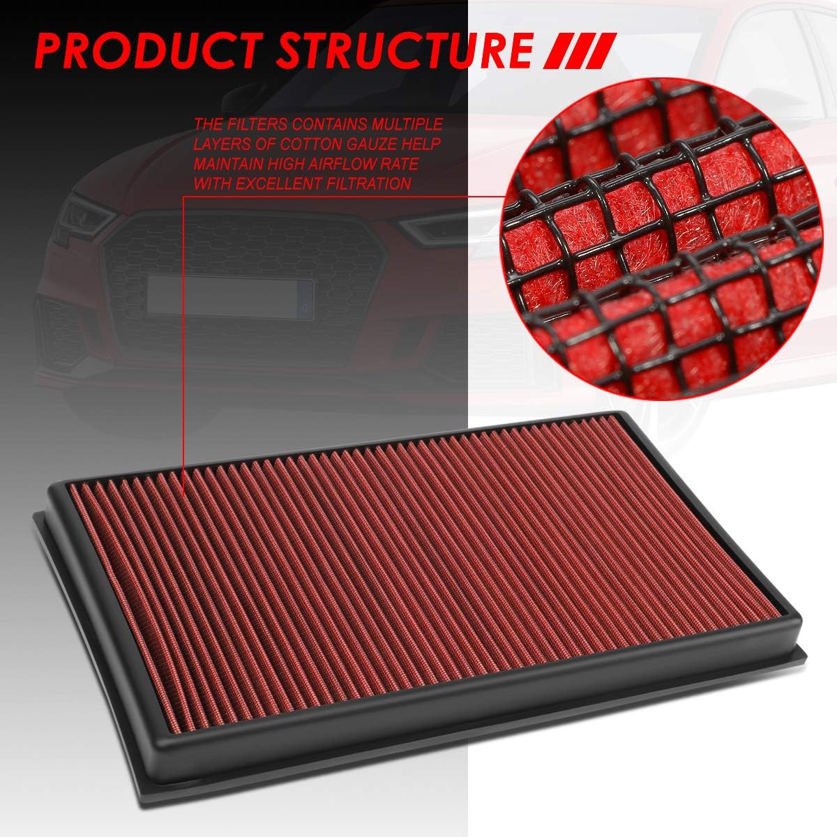 DNA Motoring AFPN-231-RD Clean Air Washable Drop In Panel Air Filter Enhance Engine Performance Power & Acceleration Improve [Compatible with 17-19 RS3 / 18-20 TT RS Quattro Fits 2.5L Models]