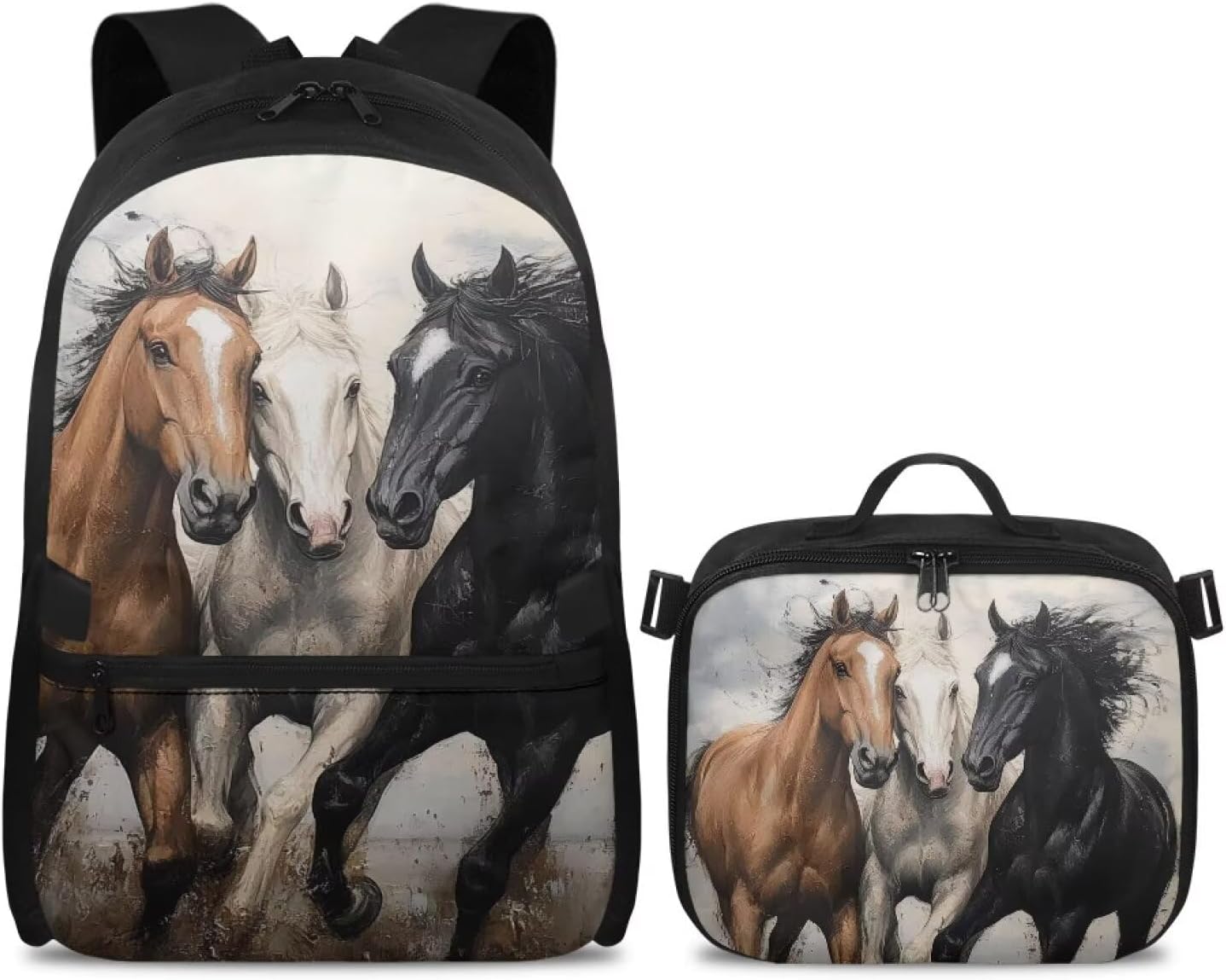 Horses Backpack for Women Large Capacity Backpack with Lunch Box Polyester Bookbag with Adjustable Shoulder Strap for Outdoor Picnic Travel Knapsack