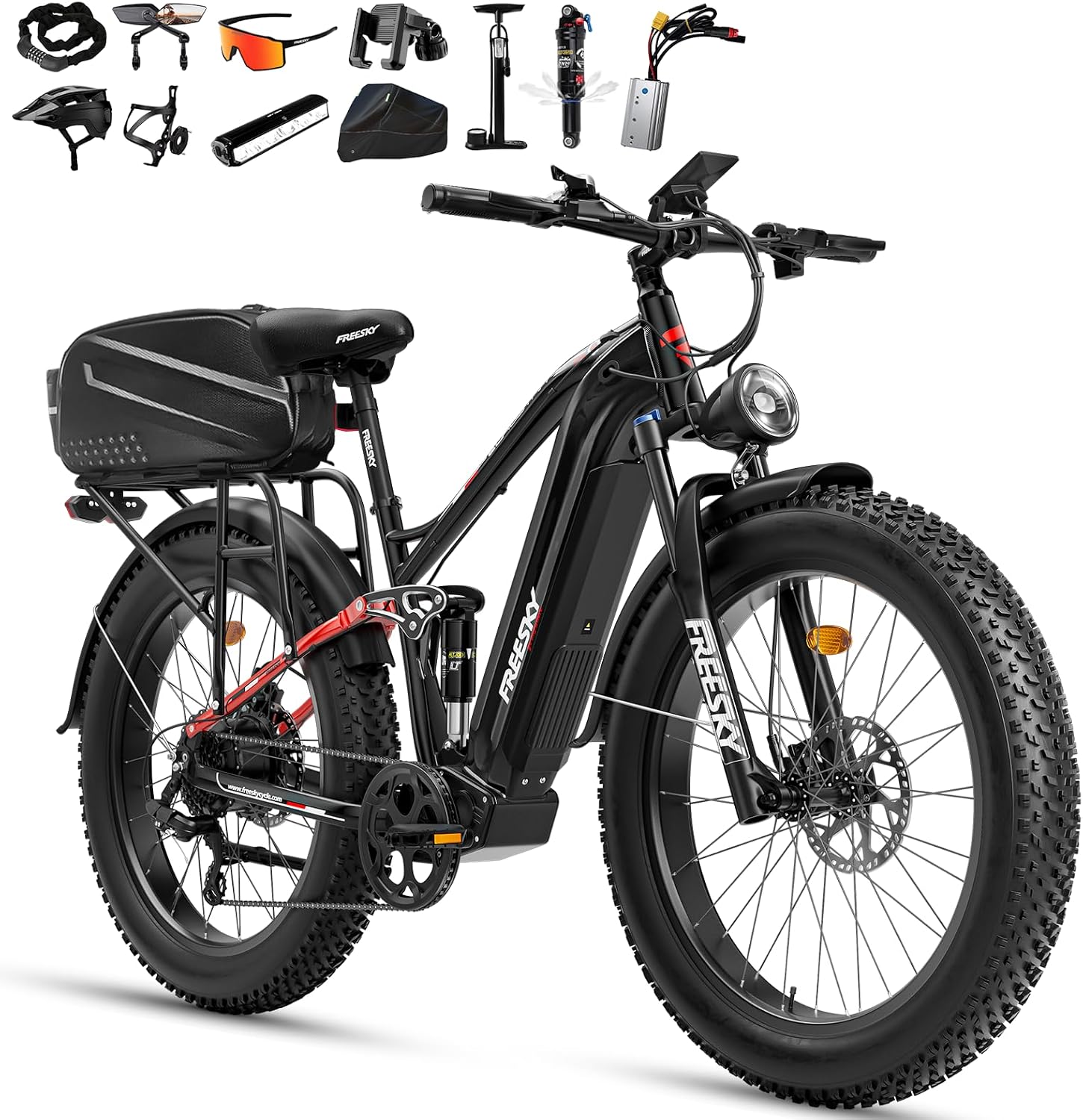 FREESKY 3000W Electric Bike for Adults, 37MPH & 95Miles Range, Dirt All-Terrain Electric Bicycle, 48V 25Ah Removable Battery,26" Fat Tire Full Suspension Mountain Ebike, UL2849 Certified by TÜV