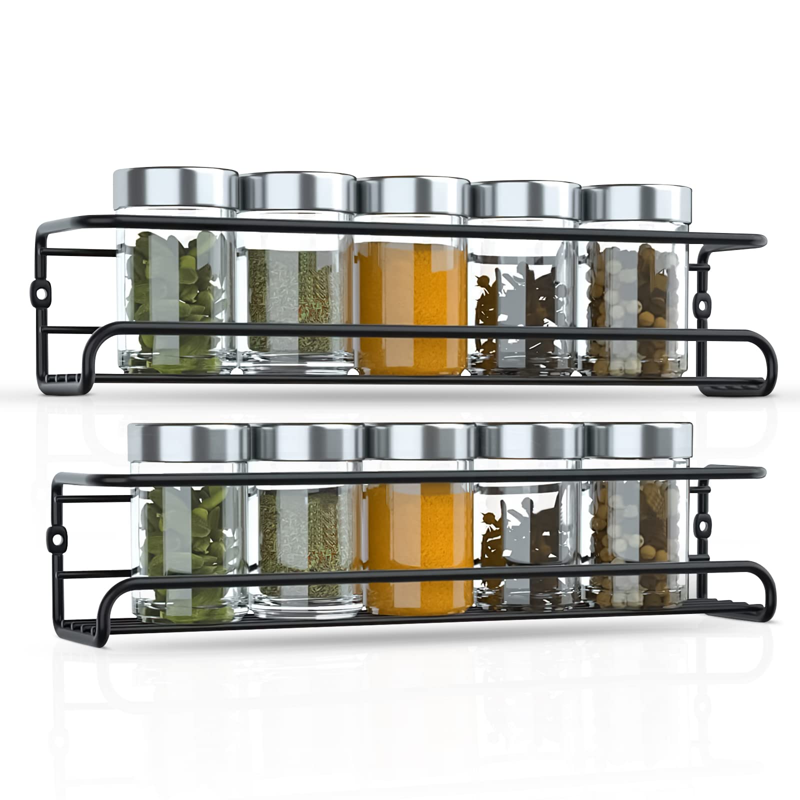 Wall Mounted Spice Rack for Inside Cupboard Spice Organiser Single Tier Spice Storage Racks Kitchen & Pantry Shelf for Spices and Condiments Spice Jars | Pack of 2, Black