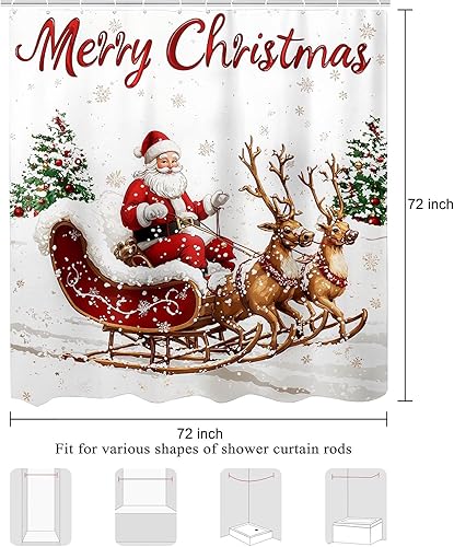 Miniatura 8 de Cortina de ducha con texto en inglés "Merry Christmas", con diseño de Papá Noel, trineo, reno, árbol de Navidad, copo de nieve, invierno,