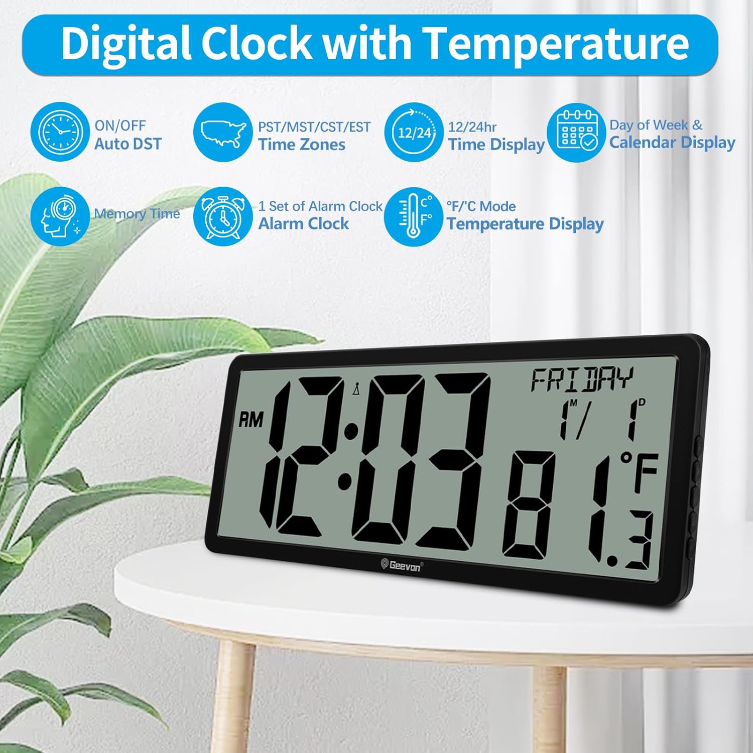 Geevon 14.3 inch Atomic Digital Wall Clock highlighting features like ON/OFF Auto DST, Time Zones, 12/24hr Time Display, Day of Week & Calendar Display, Memory Time, and Temperature Display