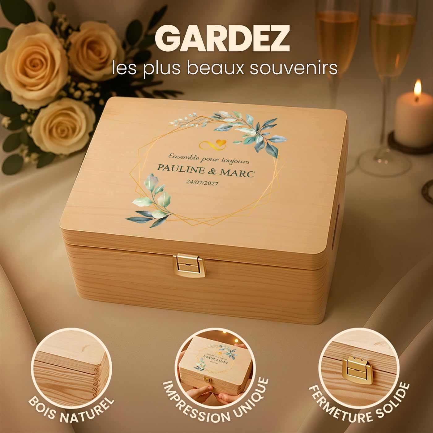 Maverton Boite a Souvenir Personnalisable - Cadeau Personnalisé pour couple - L/XL Boite de Rangement avec Couvercle en Bois de Pin Naturel - Cadeau Noel - Cadeau Mariage Anniversaire Amoureux
