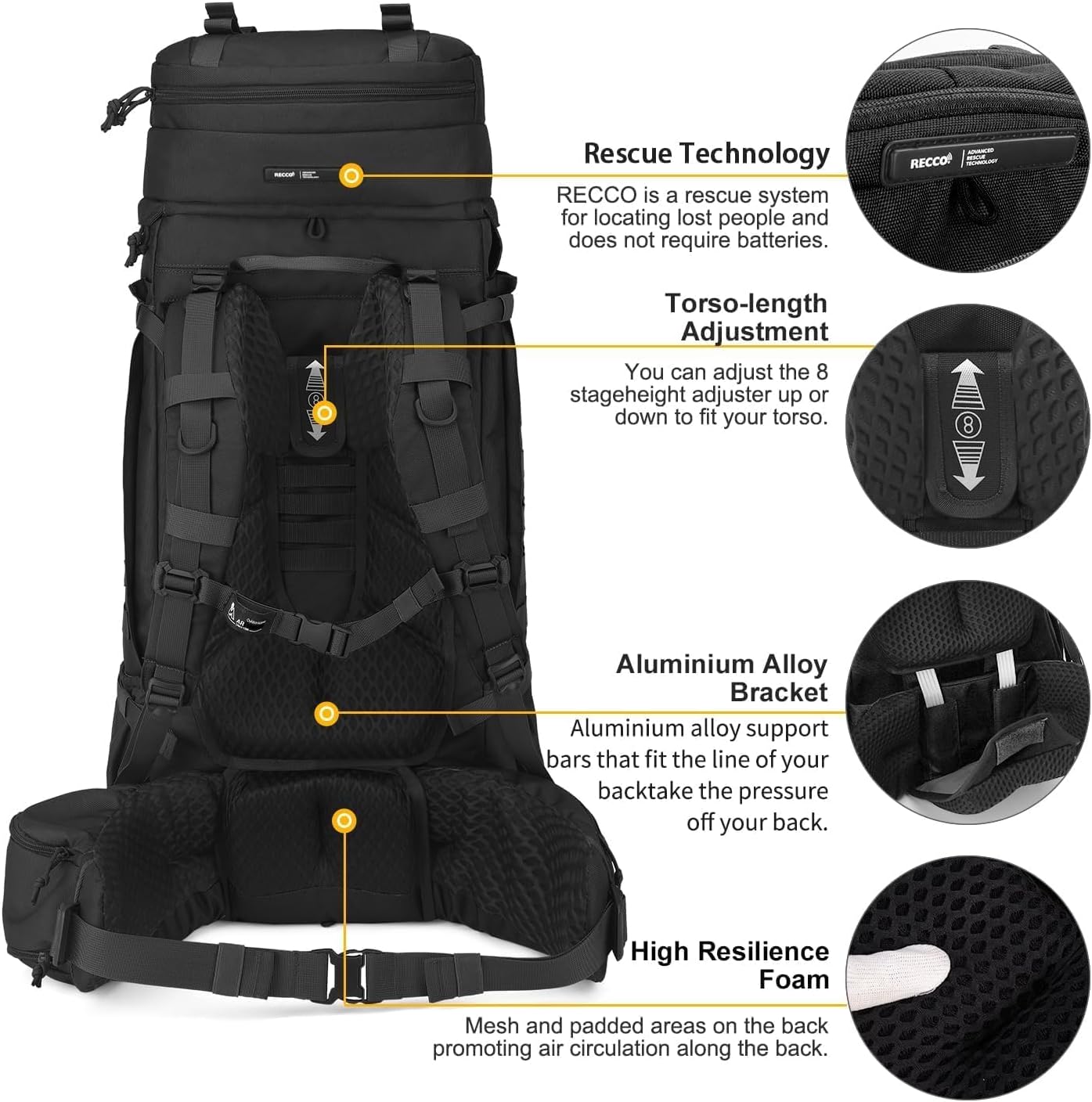 Mardingtop 75L Military Internal Frame Backpack for Men, Cordura Tactical Backpack with Recco for Snowboarding,Hiking,Camping
