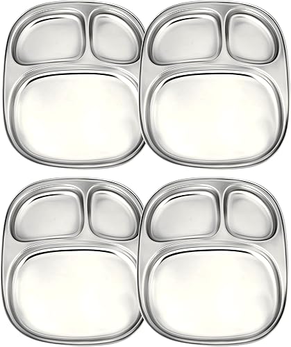 Platos de compartimento de acero inoxidable, platos llanos ovalados divididos 3 en 1, plato de almuerzo de desayuno Indian Thali, bandejas de