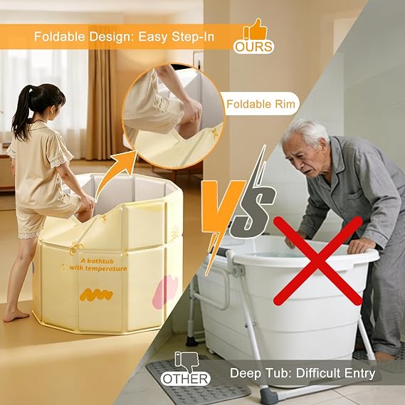 Foldable Edge Portable Bathtub, Collapsible Cold Plunge Tub for Recovery, 2-in-1 Ice Bath & Hot SPA, Easy Step-In for Senior/Child/Pet Wash, Adjust Edge Versatile Tub Fits in Shower (Yellow, 80x70 CM)