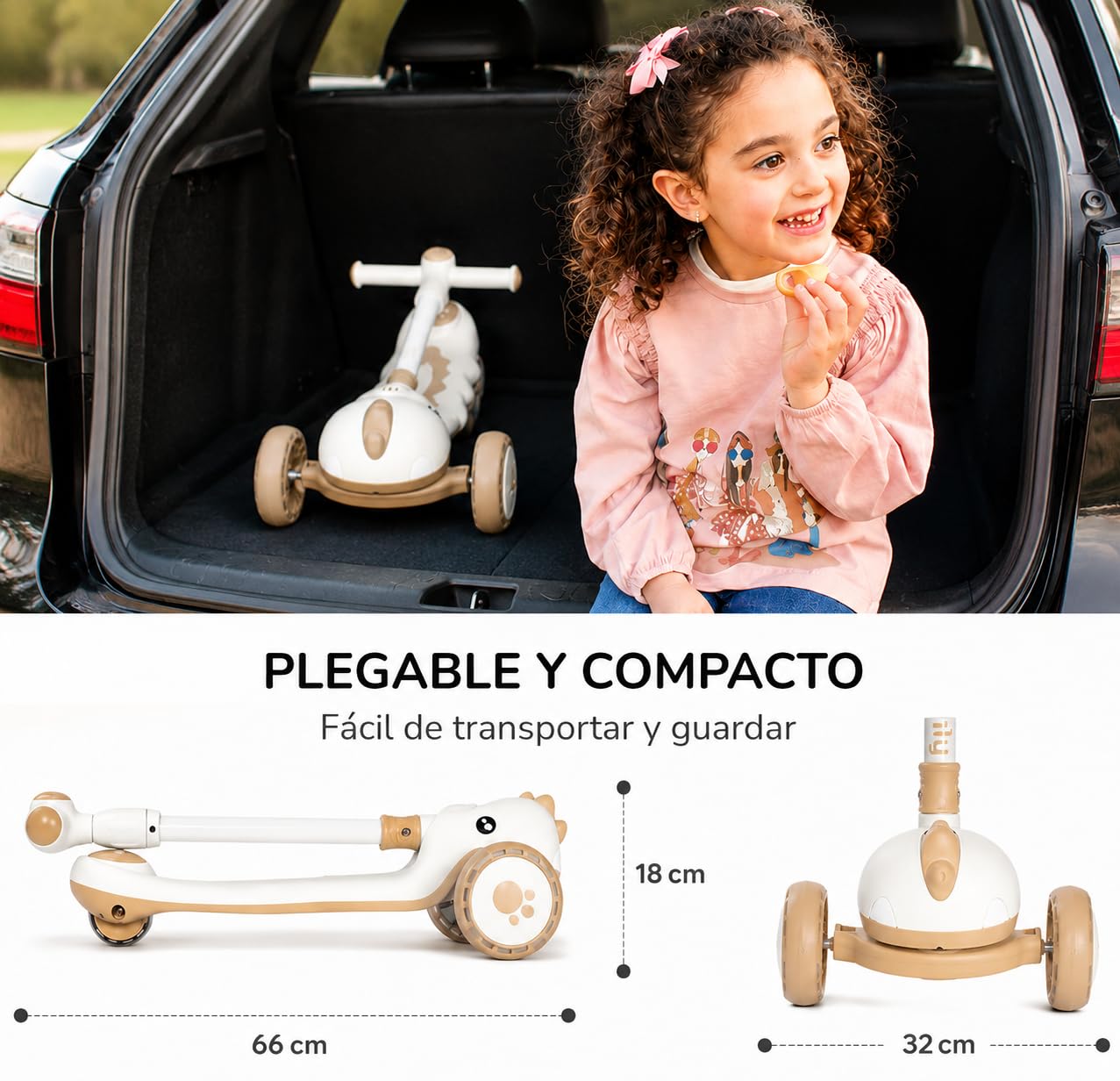 Twinly Dinly Patinete Evolutivo 3 en 1 con Asiento y casco incluido, Rosa | Manillar parental ajustable, ruedas LED, plegable y hasta 30 kg.