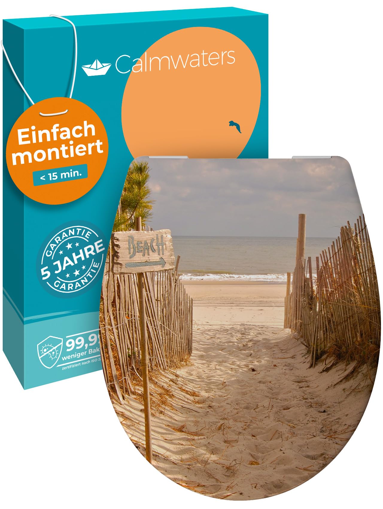 Calmwaters WC-Sitz Motiv Sandstrand – einfache Montage, oval, bis 250 kg