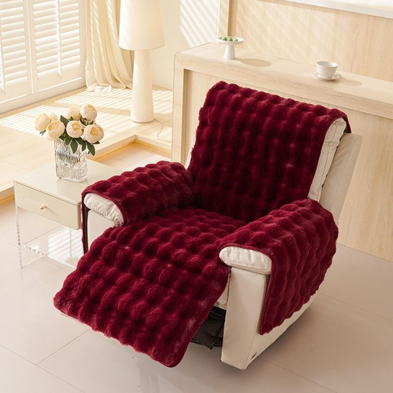 Faux Fur Fluffy Recliner Chair Slipcover Faux Rabbit Anti Slip Lazy Boy Recliner Cover Soft Fuzzy Rocking Chair Cover ，Machine Washable Furniture Protector(Burgundy)