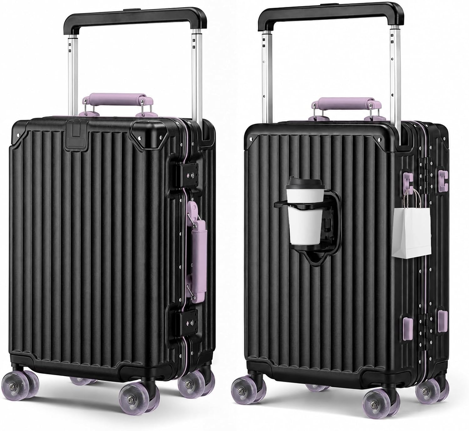 Xtaeptos Zipperless Carry On Luggage with Aluminum Frame, Wide Handle Hardside Suitcase with Spinner Wheels, Rolling Travel Luggage with Double TSA Locks, Cup Holder & Hooks, 20 Inch (White Pink)