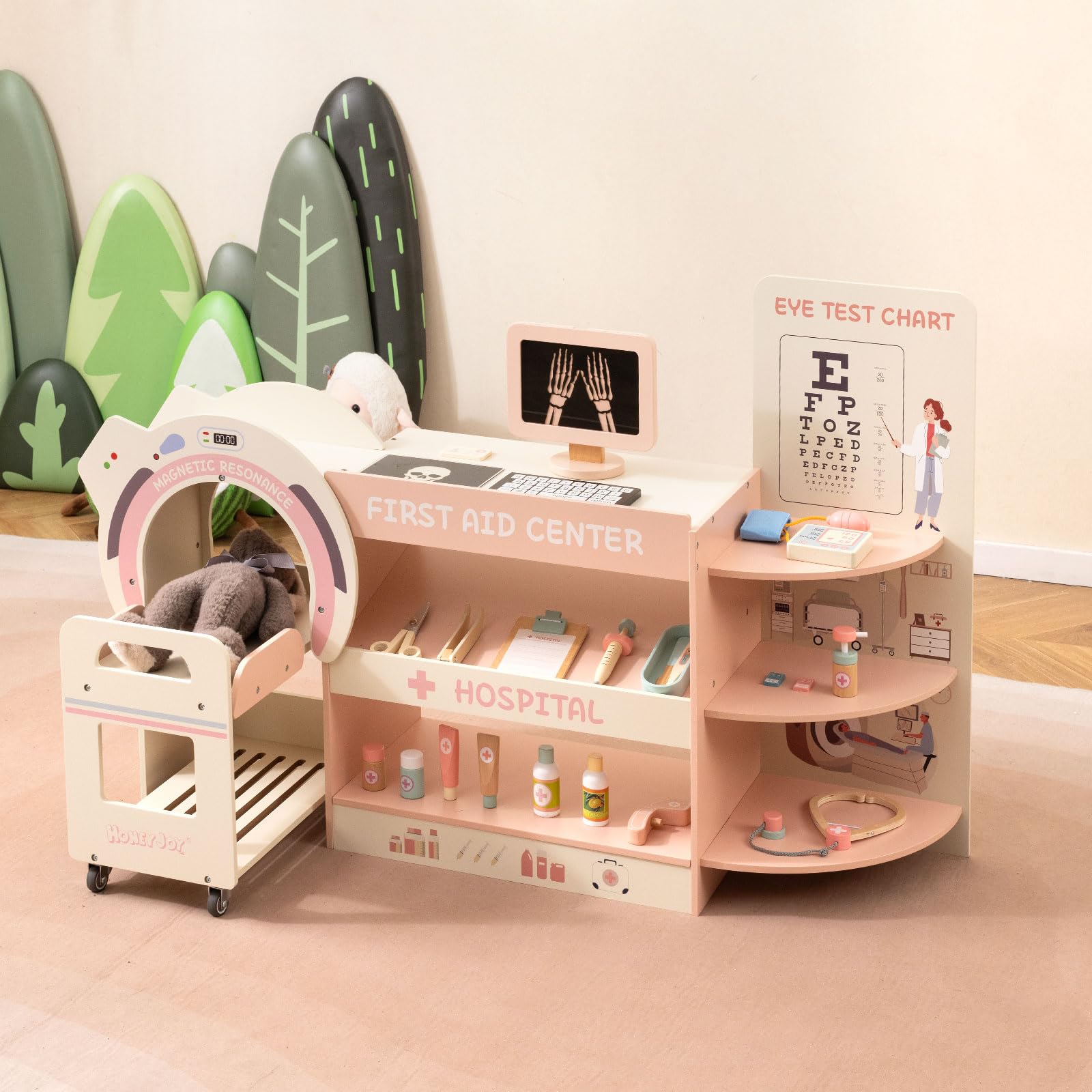 COSTWAY Set Gioco Dottore per Bambini, Medico Giocattolo in Legno con Tabella Oculistica, Macchinario CT e Radiografie, Gioco di Ruolo Medico Educativo con Accessori per Bambini 3+ Anni (Rosa)