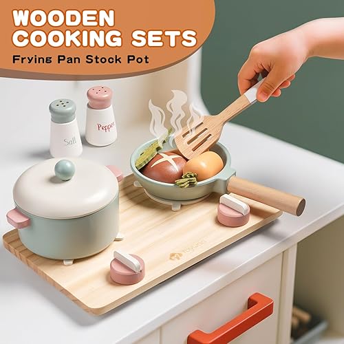 Miniatura 4 de Juego de accesorios de cocina de madera, juegos de ollas y sartenes de juguete para niños, juego de cocina con estufa de juguete, juegos de cocina