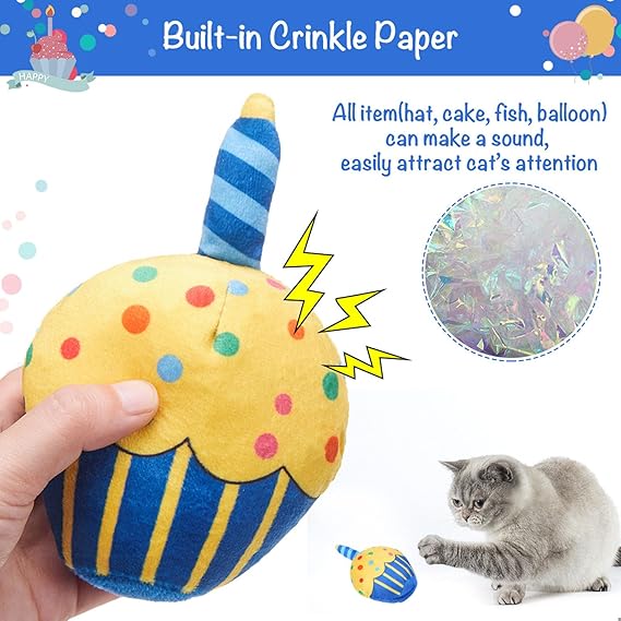 BINGPET Cat Birthday Catnip Toys for Indoor Cats, 5 Pcs Cat Birthday Gift Kitten Interactive Toy for Boy Girl Cats, Soft Plush Catmint Kitty Chew Kick Toy, Hat, Bandana, Balloon, Cake, Fish, Dark Blue