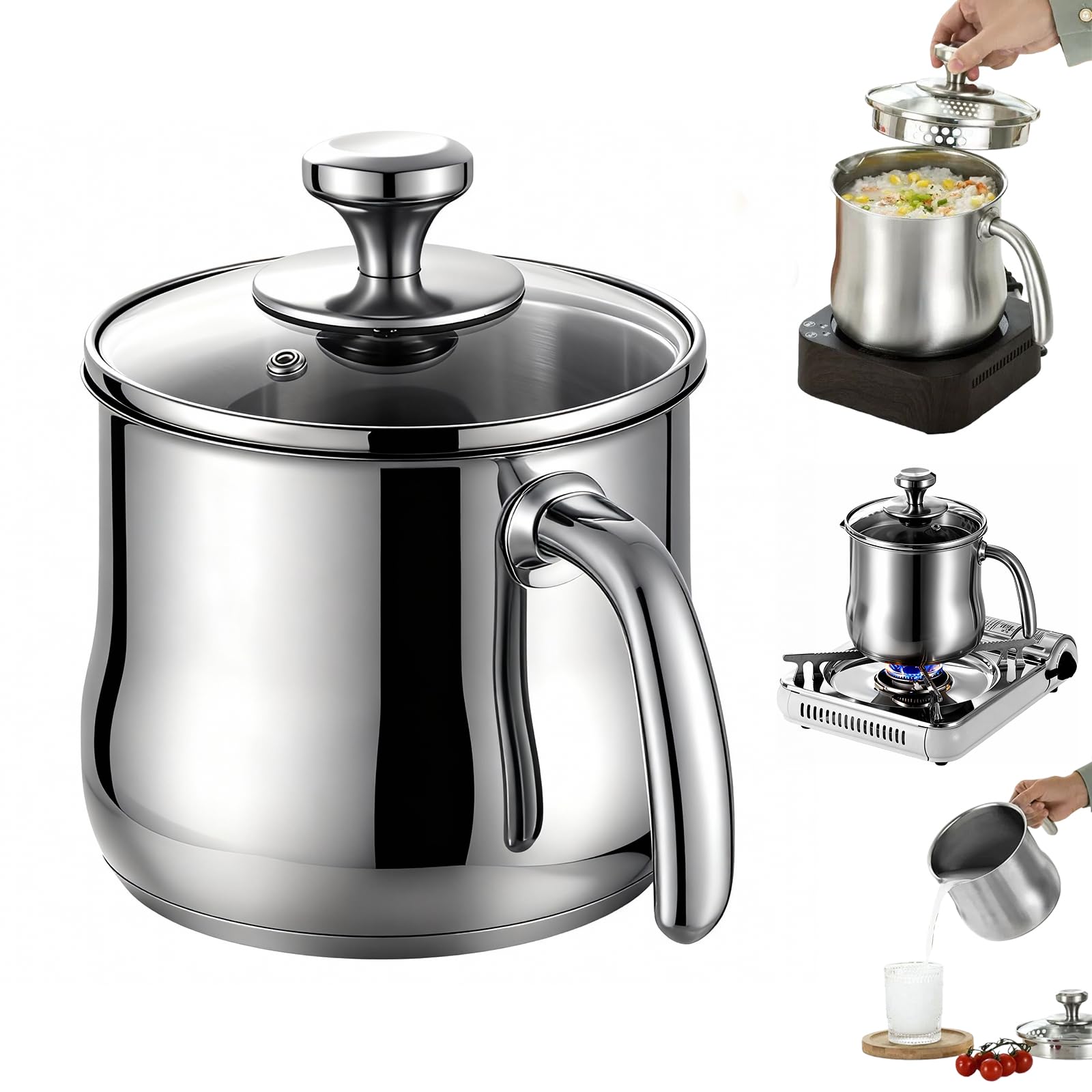 Pentola per latte da 2 l, in acciaio inox, con beccuccio e manico resistente al calore, 16 x 13 x 20 cm, pentola in acciaio inox con coperchio in vetro, a tre strati, in acciaio inox 304, per tutti i