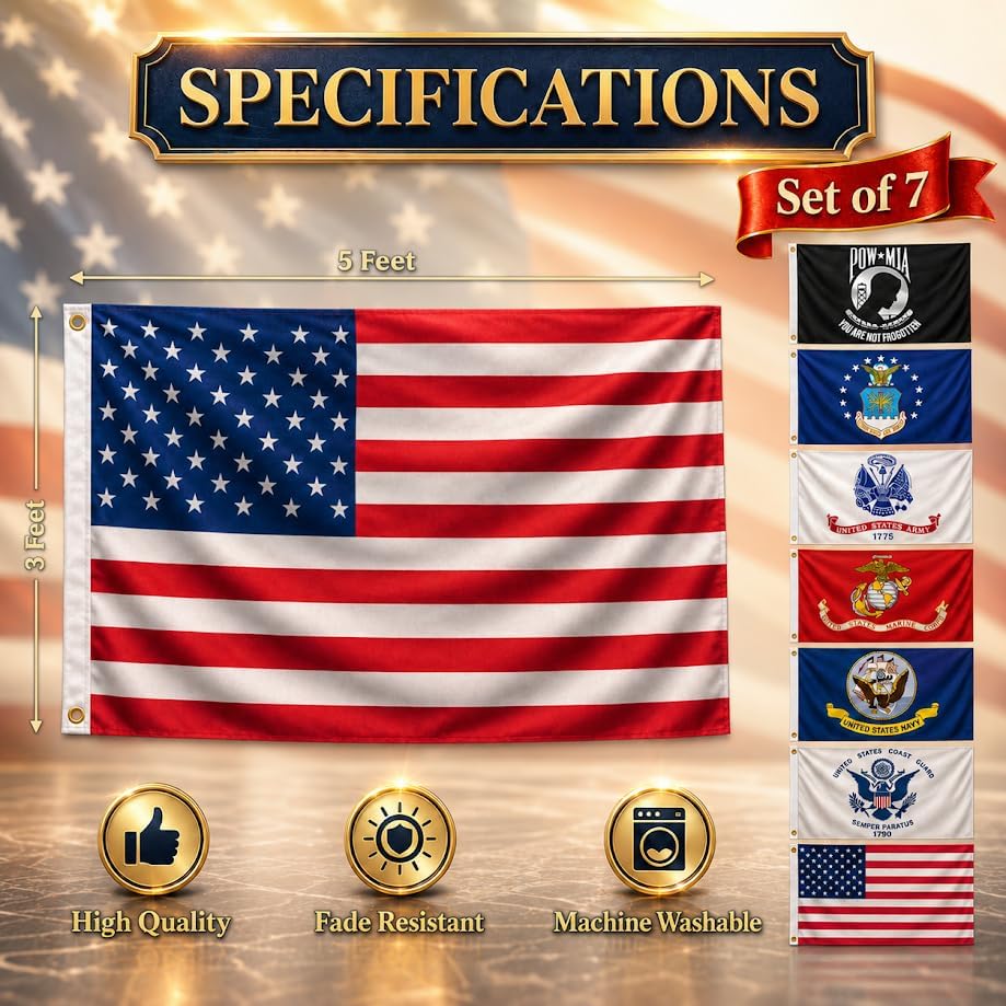 3x5 Feet Set of 7 USA Military Themed Flags with 2 Brass Grommets - Patriotic Armed Forces Banner Set for Wall Decoration - American Polyester Banner Outdoor or Indoor Wall Decor