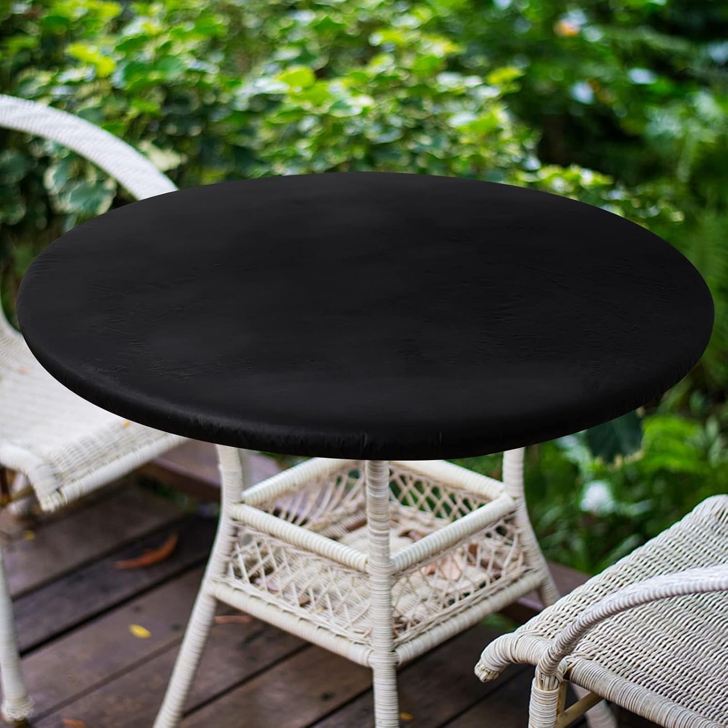 Smiry Round Picnic Tablecloth, Waterproof Elastic Fitted Table Covers for 45 - 56 Tables, Wipeable Flannel Backed Vinyl Tablecloths for Camping, Indoor, Outdoor, Black