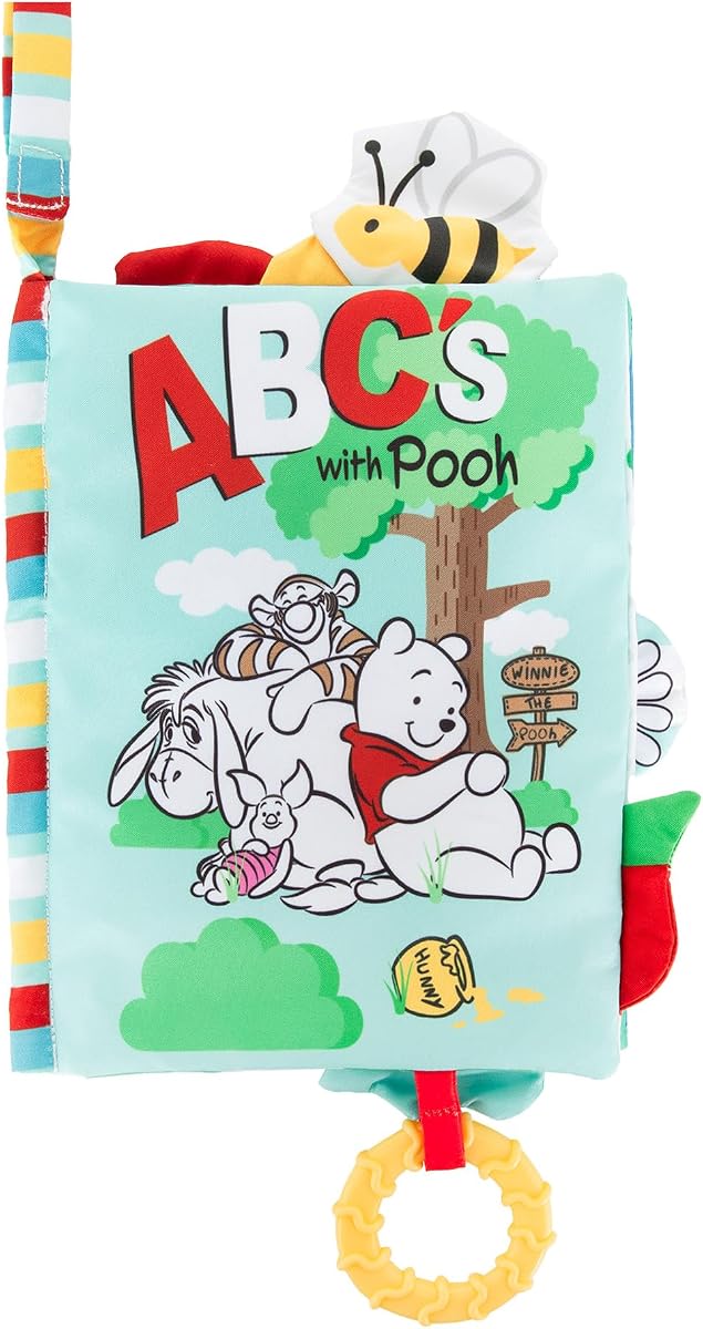 Kids Preferred Disney Baby Winnie The Pooh Deluxe Soft Book Abc's with Pooh On-The-Go Sensory Books for Babies with Crinkle Pages and BPA Free Teether