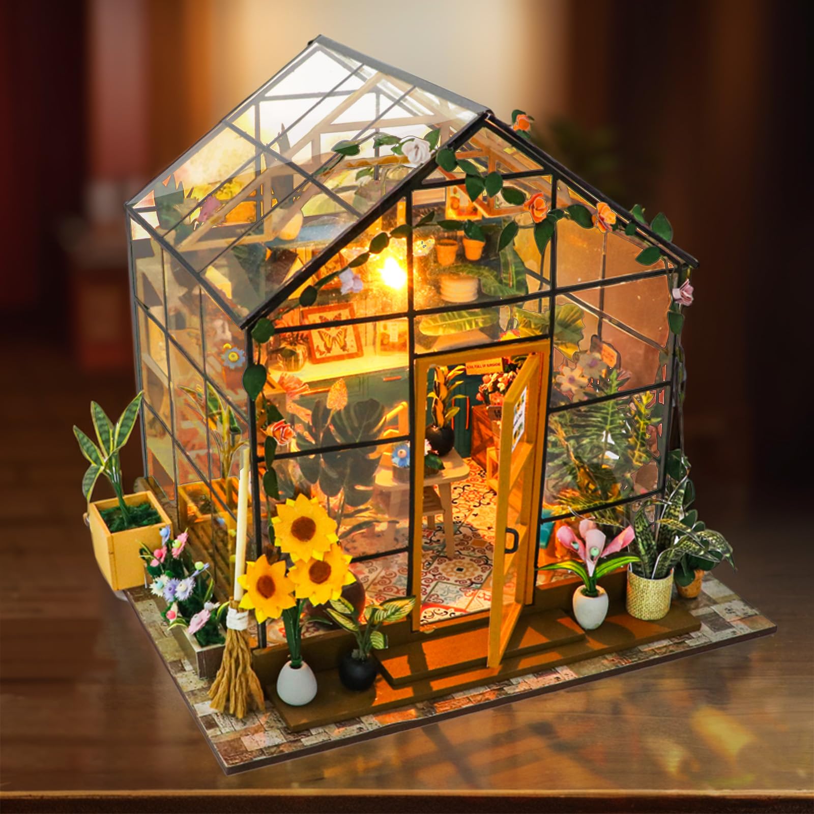 JONRRYIN DIY Miniature House, Casa Miniatura para Montar, Modelo de Invernadero con Lámpara LED e Instrucciones, casita de Madera Miniatura para Decoración del Hogar Regalos Creativos (A)