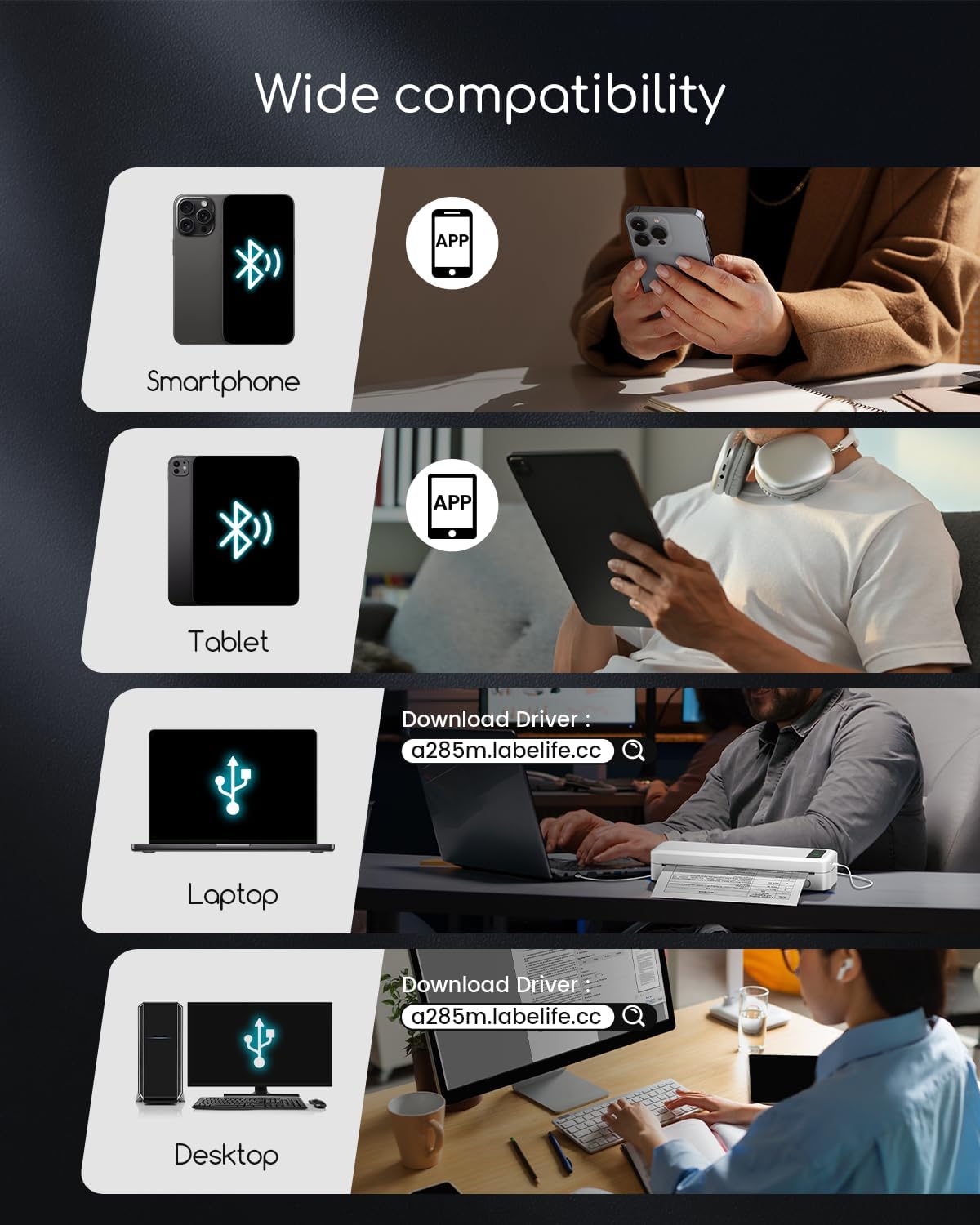 Portable Thermal Printer, A285M Bluetooth Portable Printers Wireless for Travel Home Use, Small Inkless Mobile Mini Compact Printer for Phone Laptop, Support 8.5'' x 11'' US Letter & A4 Thermal Paper