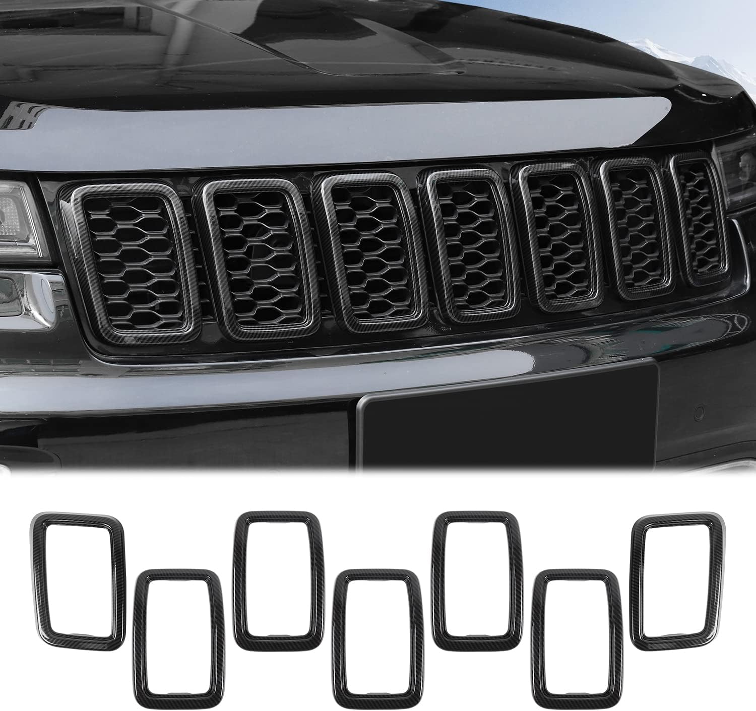 JeCar Front Grill Rings Grille Inserts Cover Trim Kit for 2017-2020 Jeep Grand Cherokee, Black (7Pcs)