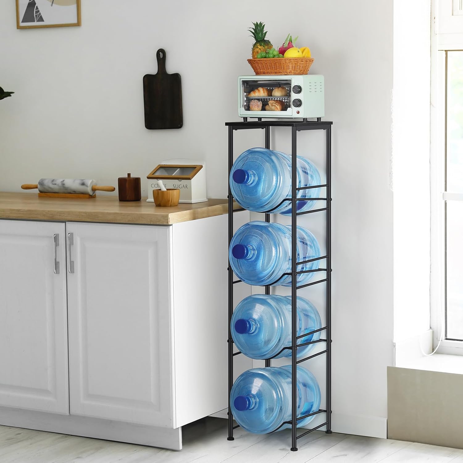 Vrisa Water Jug Holder 5 Gallon Water Jug Stand 4-Tier Water Gallon Holder Organizer with Storage Shelf 3/5 Gallon Water Jug Rack for Home Office Kitchen Black - Image 7