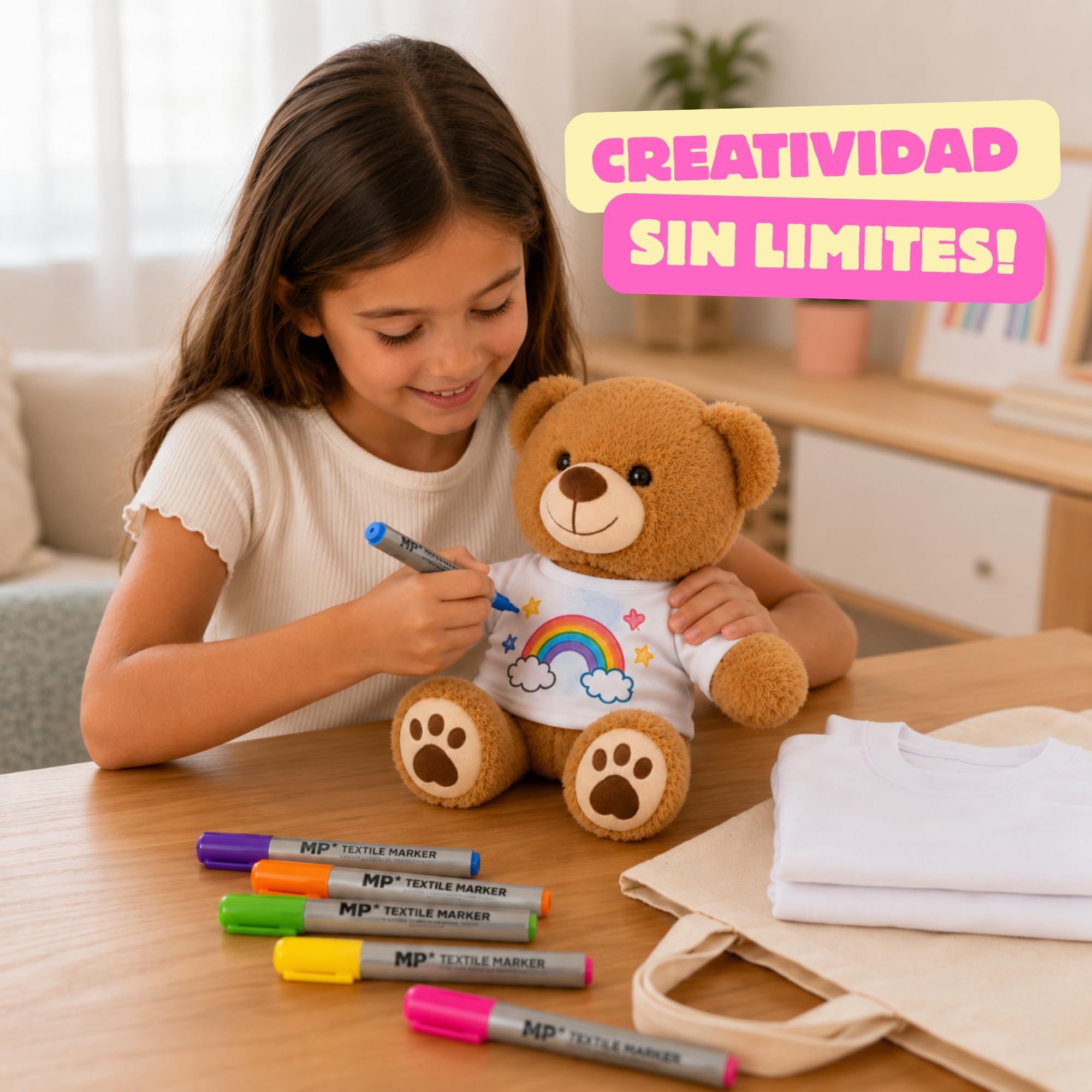 Kit Manualidades Niños Pinta Tu Osito de Peluche Regalo niño 4, 5, 6 años | Incluye Rotuladores y Camisetas de repuesto Juego de Pintar Creativo