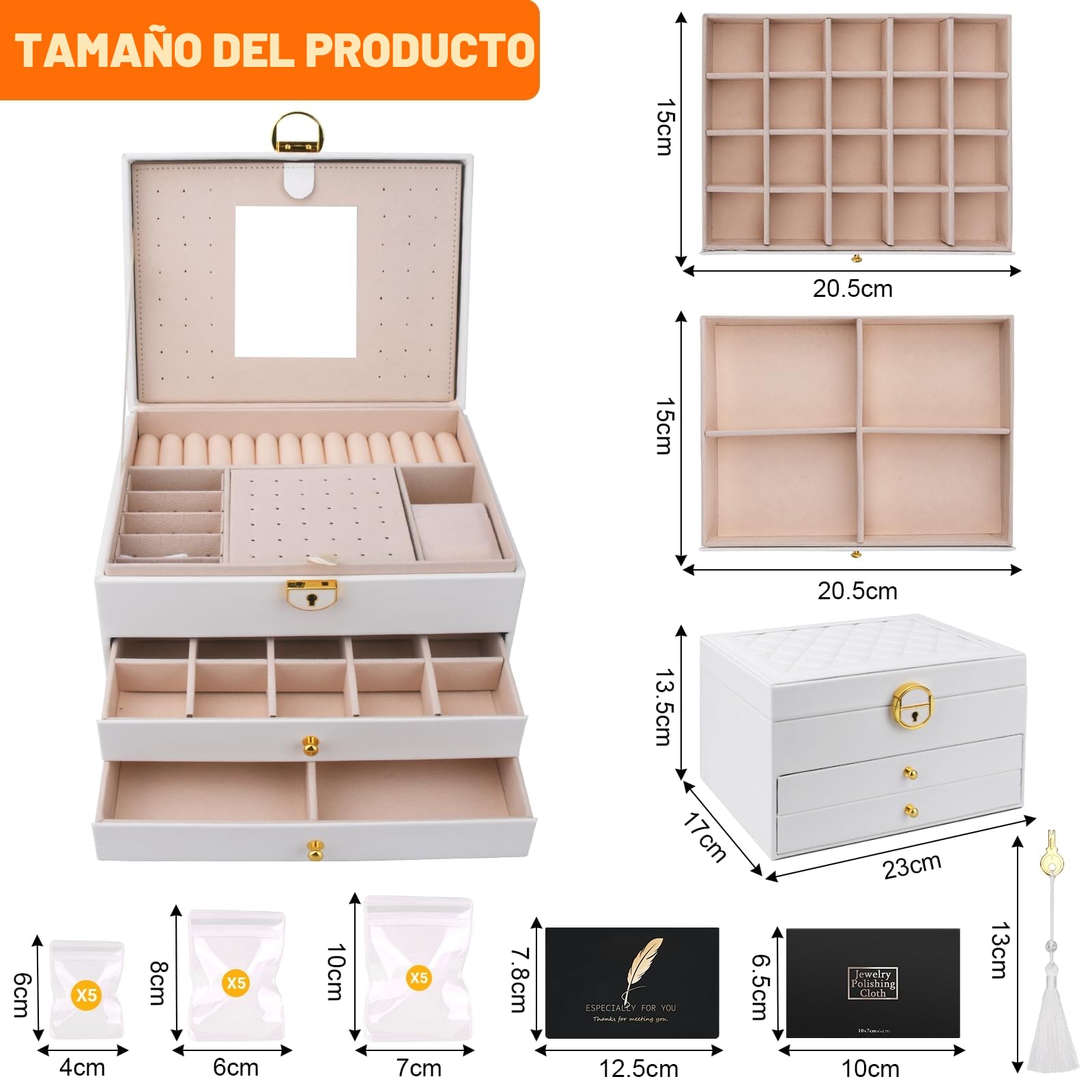 Caja Joyero de 3 Niveles,Joyeros Mujer Organizador,Grande Joyero Viaje Cajones Niña,Joyero de terciopelo,con cerradura y llave,para Pulseras,Pendientes,Anillos,Collares,Relojes,Blanco